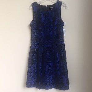 Blue with black velvet damask A-line dress